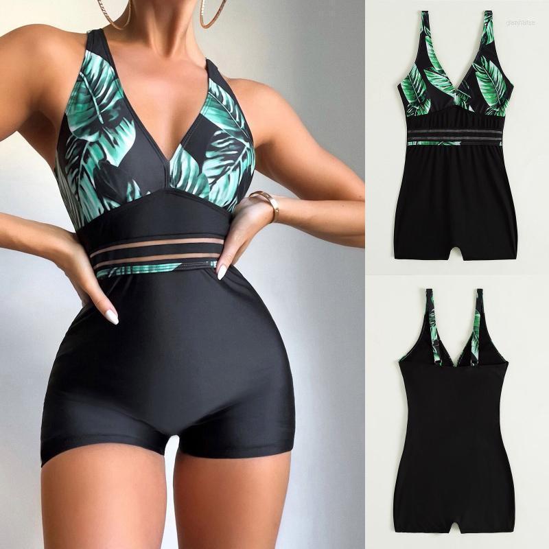 

Women's Swimwear Women's Leaves Printed High Waist One Pieces Bikini Set Swimsuit Female Women Beachwear Bather Bathing, Black