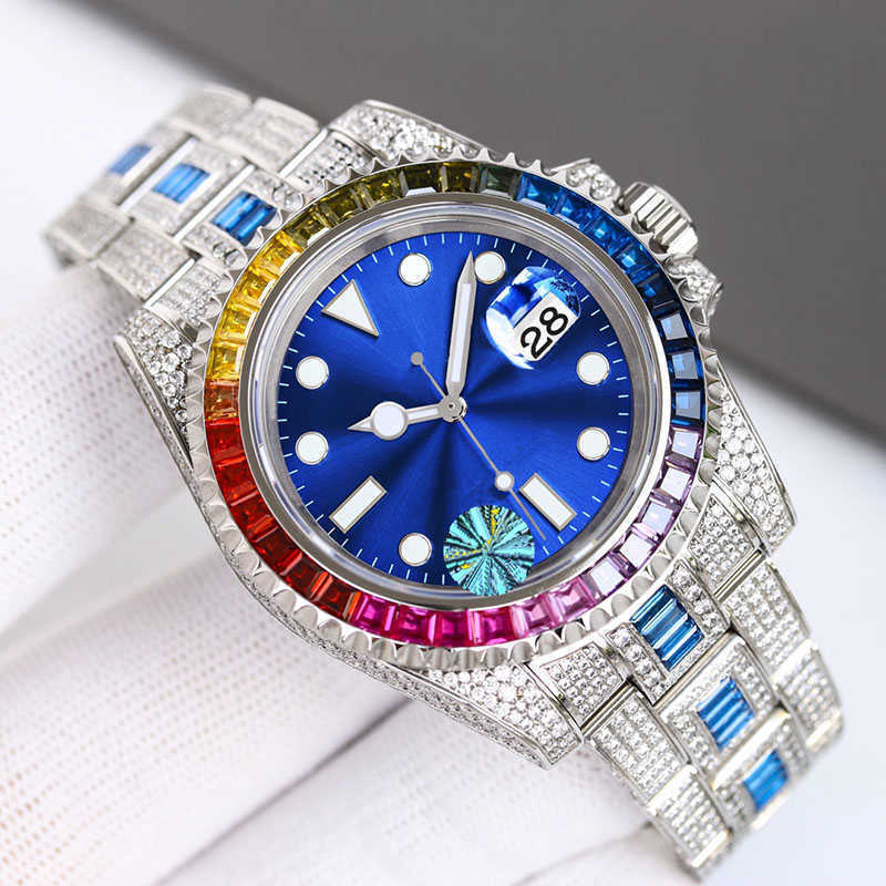 

2023Wristwatches Diamond Mens Watch 40mm Automatic Mechanical Watch Rainbow Square Diamonds Dial Sapphire Dign Wristwatch Montre De Luxe, Color 2