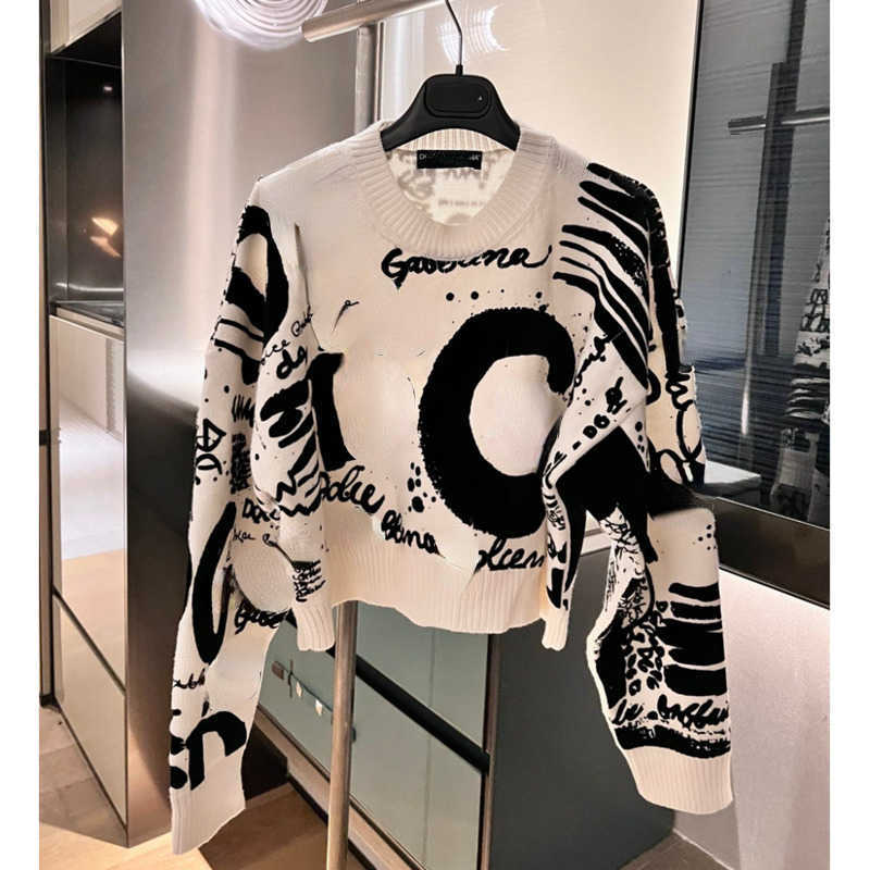 

Dg Designer Sweater Letter Flocking Loose Pullover Weavers Casual Long Sleeve Round Neck Fashion Top, White