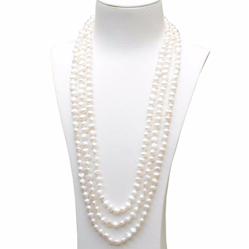 

Handmade long 200cm natural 7-8mm white baroque freshwater pearl necklace sweater chain293D