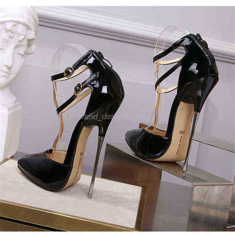Chaussures Habillées Crossdresser Chaussures Sandales Escarpins Mujer 16Cm Talons Minces Femmes Mariage Boucle De Mariée En Cuir Verni Stiletto L