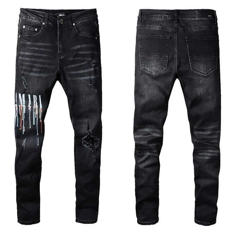 

Men's Jeans Amirs Designer Fashion Pants Cool Stylish Leisure Ripped Brand Amri Hip Hop High Street Young Men Black Letter Paint Elastic Lar