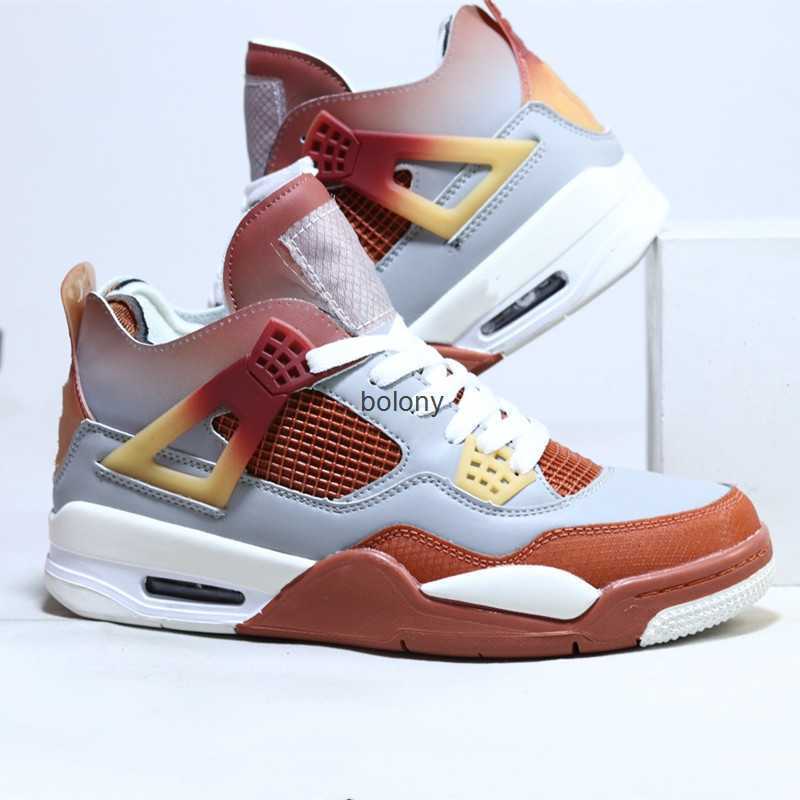 

Mens 4s Grey orange gradual change basketball shoes Red ink-splashed design midsole sneakers, 1-