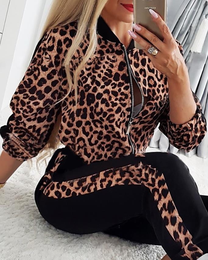 

Women' Two Piece Pants Set Women Outfits Cheetah Print Zipper Design Baseball Collar Long Sleeve Coat & Casual Spring 2022