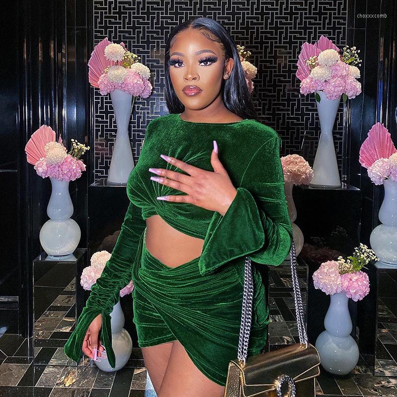 

Casual Dresses Sexy Twist Hollow Out Flare Sleeve Irregular Bodycon Club Party Autumn Winter Clothes Green Velvet Mini Dress For Women, Green dress