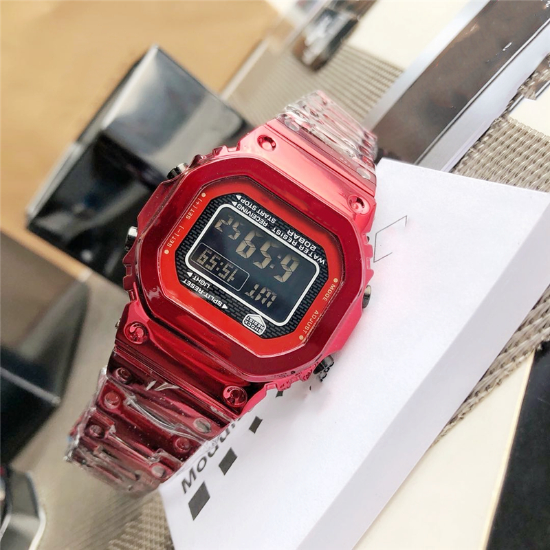 

Men's sports quartz digital watch Red square metal dial LED waterproof world time oak series butterfly button Iced Out Watch