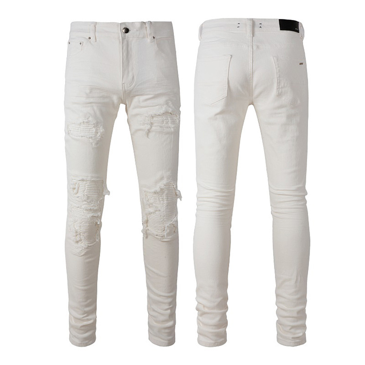

White Denim Jeans Hommes Man Split Effect Elastic Cracked Patches 82SC, White-amr/7592