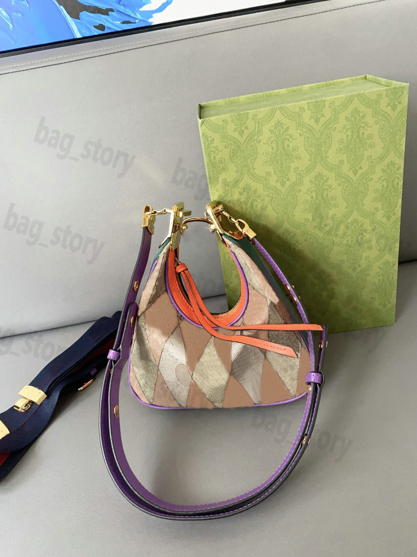 

Attache Large Shoulder Bag Vintage Classic Crescent Moon Tote Bags Multicolor Patchwork Canvas Flap with Green Red Web Triom Shoulderbag Cross Body Messenger