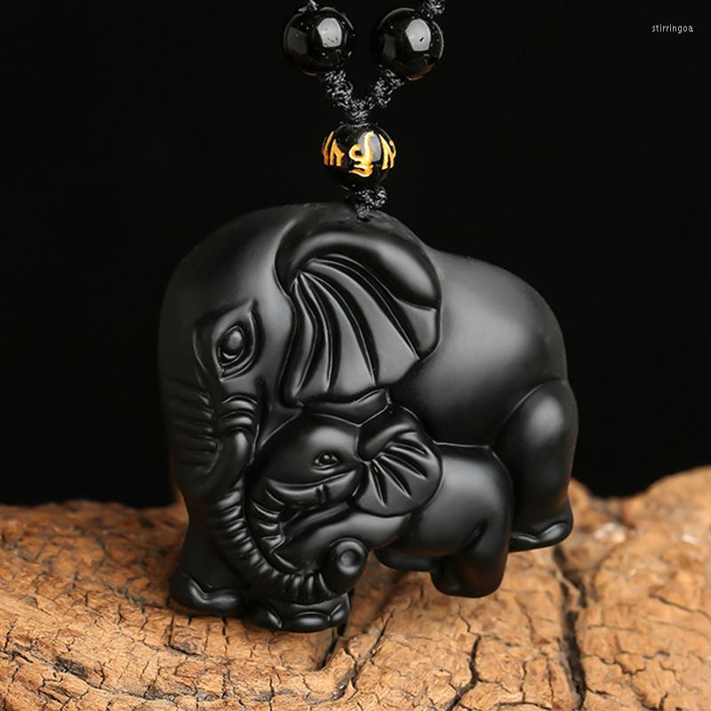 

Pendant Necklaces Animal Necklace Handwork Natural Black Obsidian Carved Mother Baby Cute Elephant Men Amulet Lucky Jewelry Chain