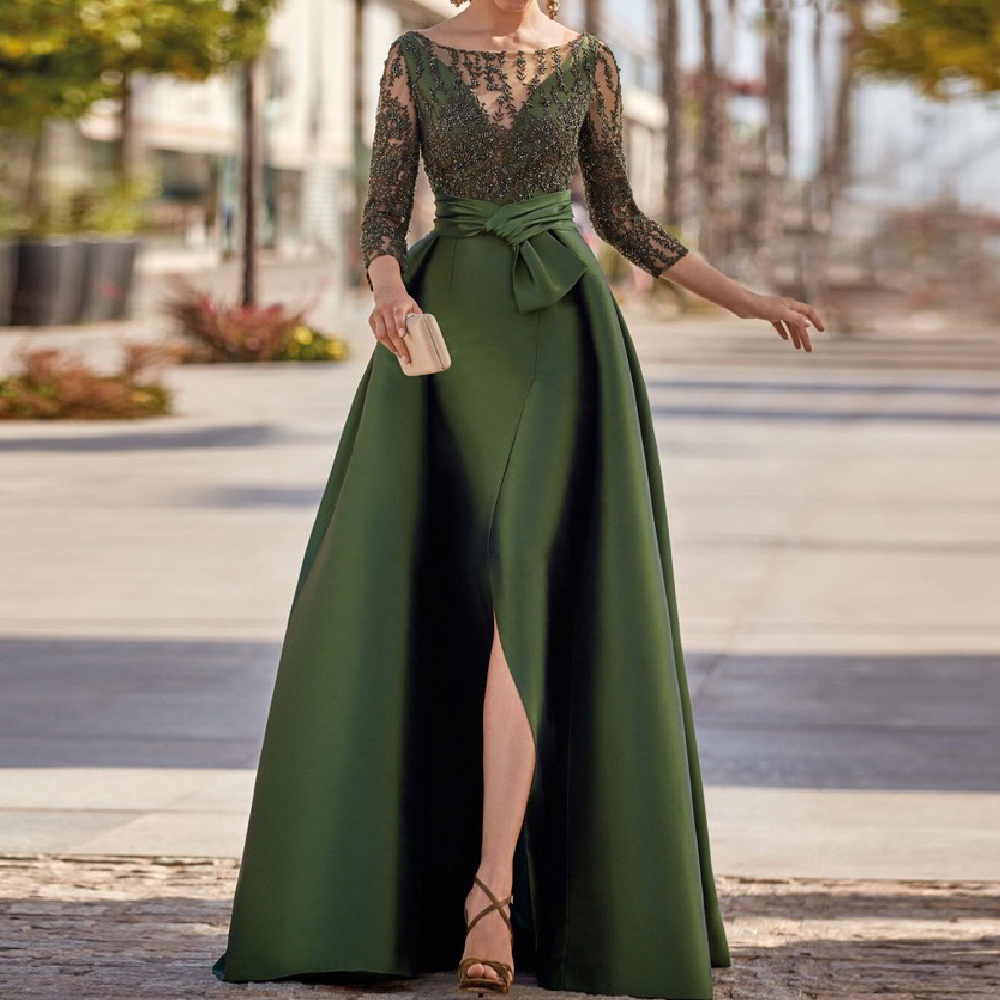 Mother of the Bride dresses Satin dress beaded lace long sleeves luxurious 2022 large size NEW IN-image-817953416