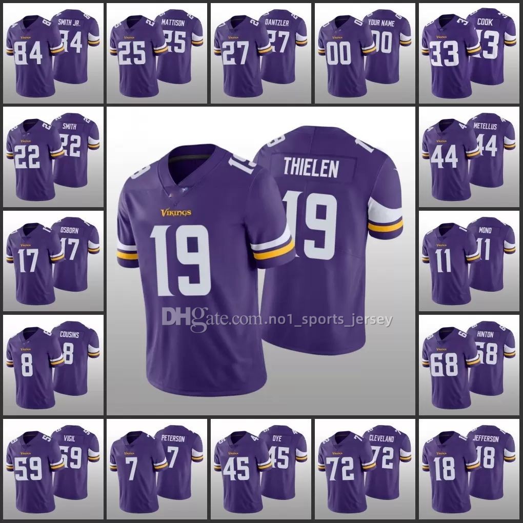 

Jersey Minnesota''Vikings''Men #33 Dalvin Cook 8 Kirk Cousins 19 Adam Thielen 18 Justin Jefferson''NFL''Women Youth Custom Purple Limited, Women(size:s-xxl)wjr5