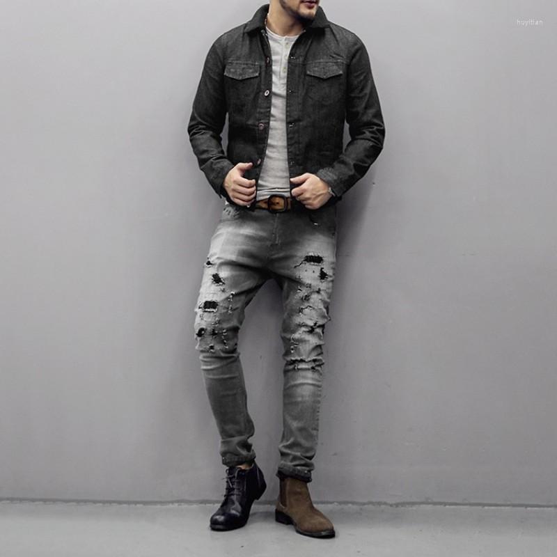 

Men's Jeans Men's Fashion Mens Hole Ripped Skinny Male Slim Fit Long Trousers Washed Casual Streetwear Buttons Straight Denim, Picture shown