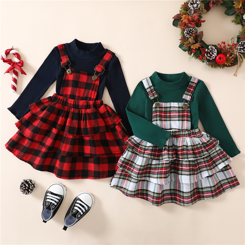 Childrens Dresses for Christmas - Festive Toddler Girl Clothing Set Warm Sweater u0026 Plaid Suspender Dress for Fall/Winter Baby Kids Fashion H2-image-1087662489