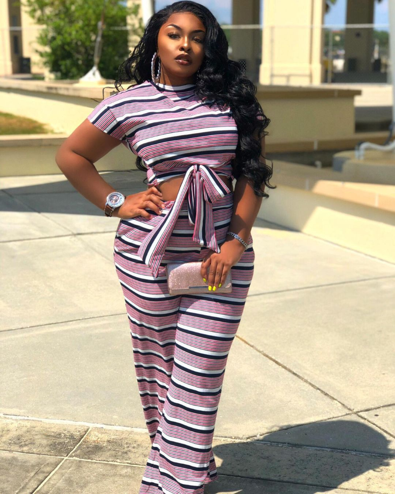 

Two Piece Set Women Clothing Plus Size -5XL Striped with Letters Print Round Neck Short Tee Tops Wide Leg Trousers Suit Party Matching Outfit, Stripe with letters