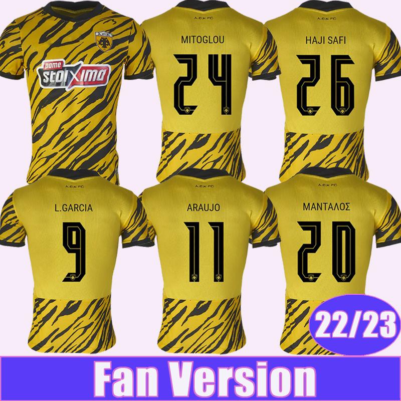 

22 23 AEK Athens ARAUJO MANTALOS Mens Soccer Jerseys .GARCIA N.AMRABAT MITOGLOU SZYMANSKI Limited Edition Yellow Football Shirts Uniforms, Qm9563 22 23 limited edition no patch