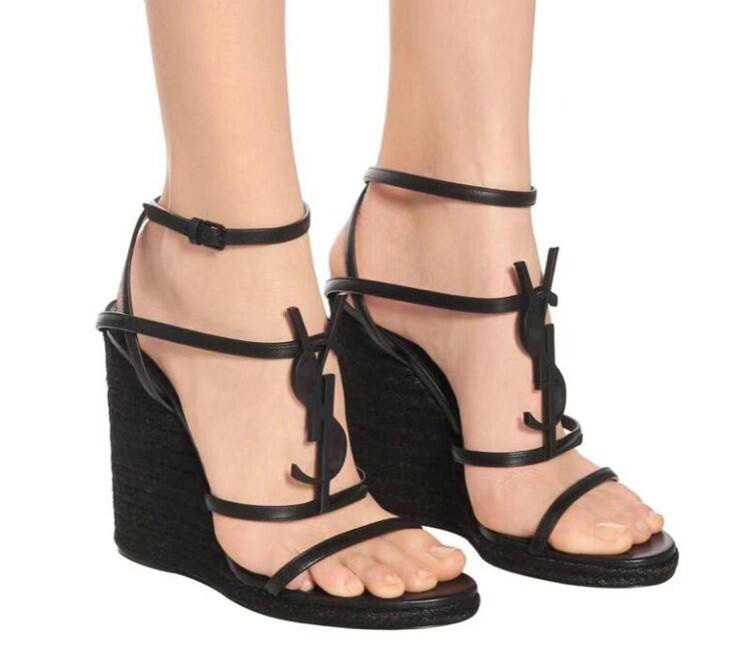 

Wedge Designer shoes Sandals Leather Pumps Wedding Dress Shoes Platform Sandal Eu35-41 Straw Weaving Parting Ankle Strap Newst Cassandra With Box, Black/matte