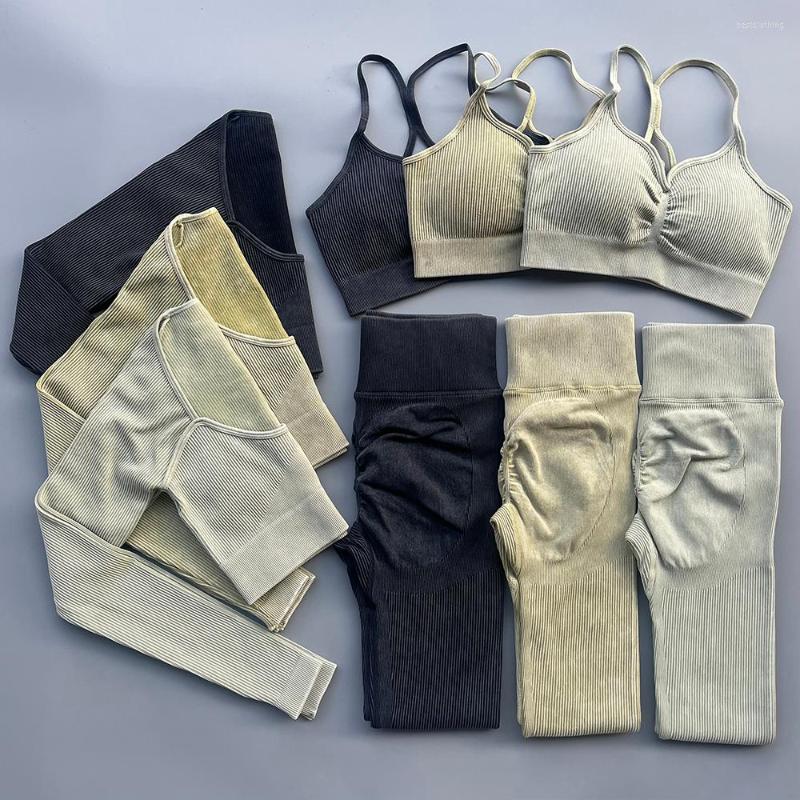 

Active Sets Ribbed Washed Seamless Yoga Set Bra Crop Top Long Sleeve Gym Leggings Fitness Sport Suit Workout Clothes Sportswear Tracksuits, Black