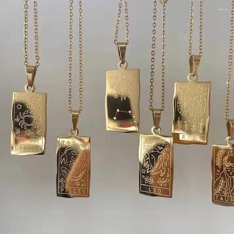 

Pendant Necklaces Stainless Steel 12 Zodiac Necklace Constellation Square Fashion Metal Collar Tarot Horoscope Jewelry For Women