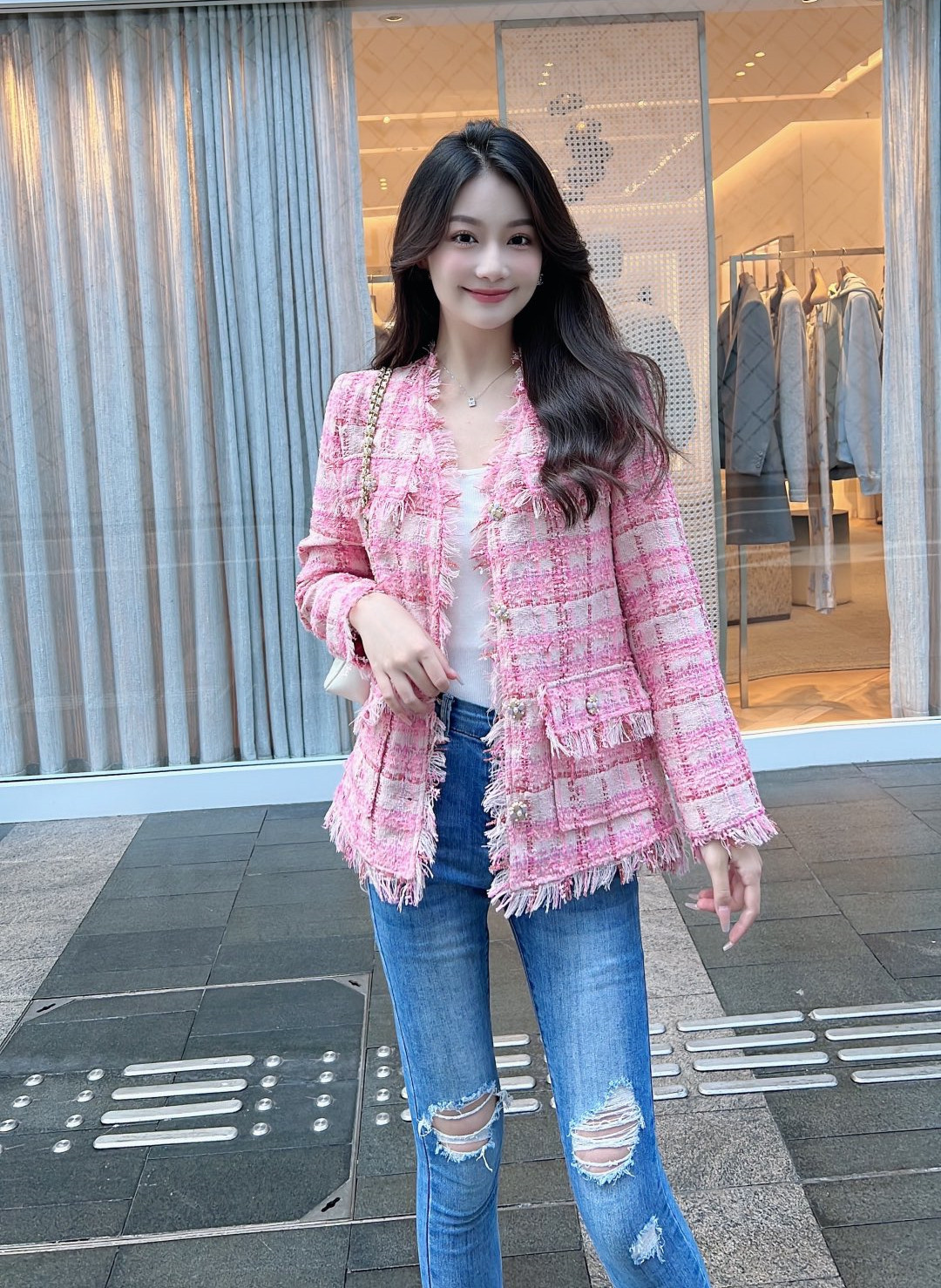 

Chan New Women's brand jacket OOTD designer Fashion temperament top-grade autumn winter tweed coat overcoat Leisure Women Spring Coats cardigan Christmas Day Gift, Pink