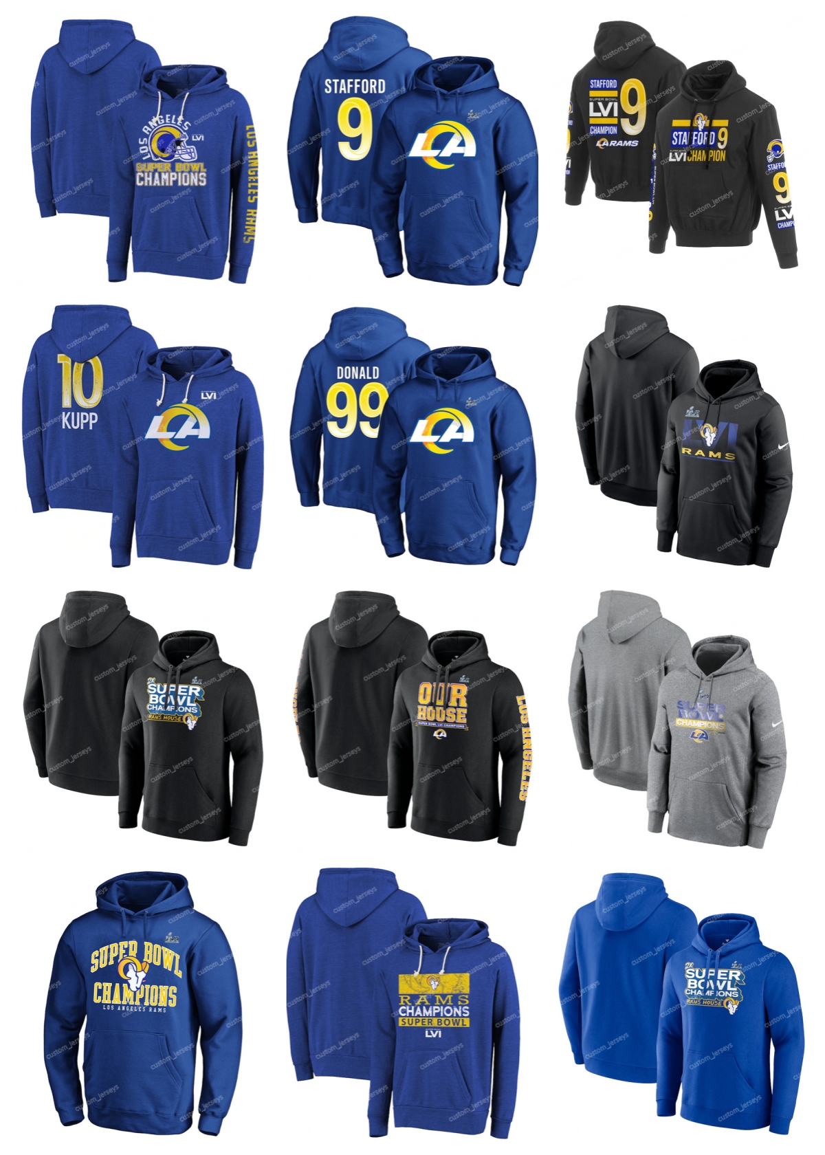 

Custom Men Women Kids''Los''Angeles''Rams 10 Cooper Kupp 9 Matthew Stafford 99 Aaron Donald 2022 Royal Super Bowl LVI Champions''NFL''Pullover Hoodie, 13