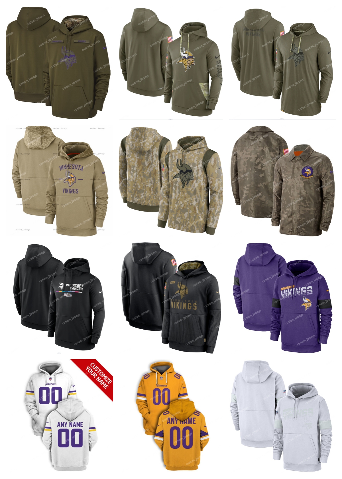 

Men Women Youth Minnesota''Vikings''Hoodie Olive 2022 Salute to Service Therma Performance Pullover Custom Black Armygreen''NFL''Hoodie