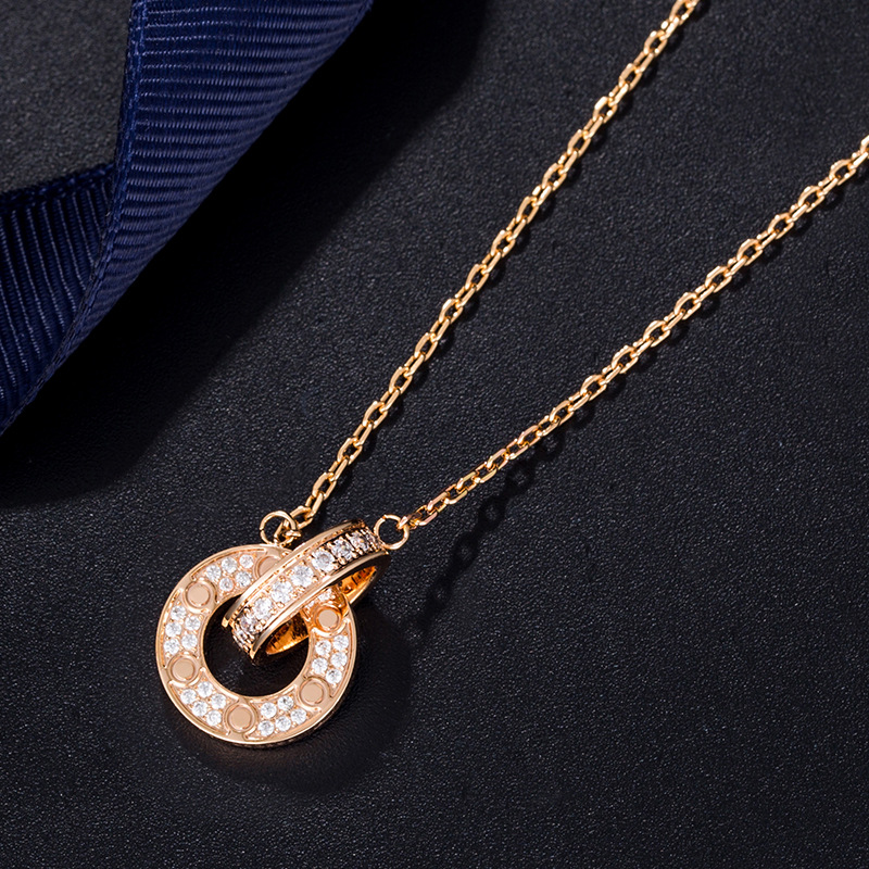 

designer necklace Luxury Fashion Jewelry party Sterling Silver double rings diamond pendant Rose Gold double loop necklaces for women fancy dress long chain gift