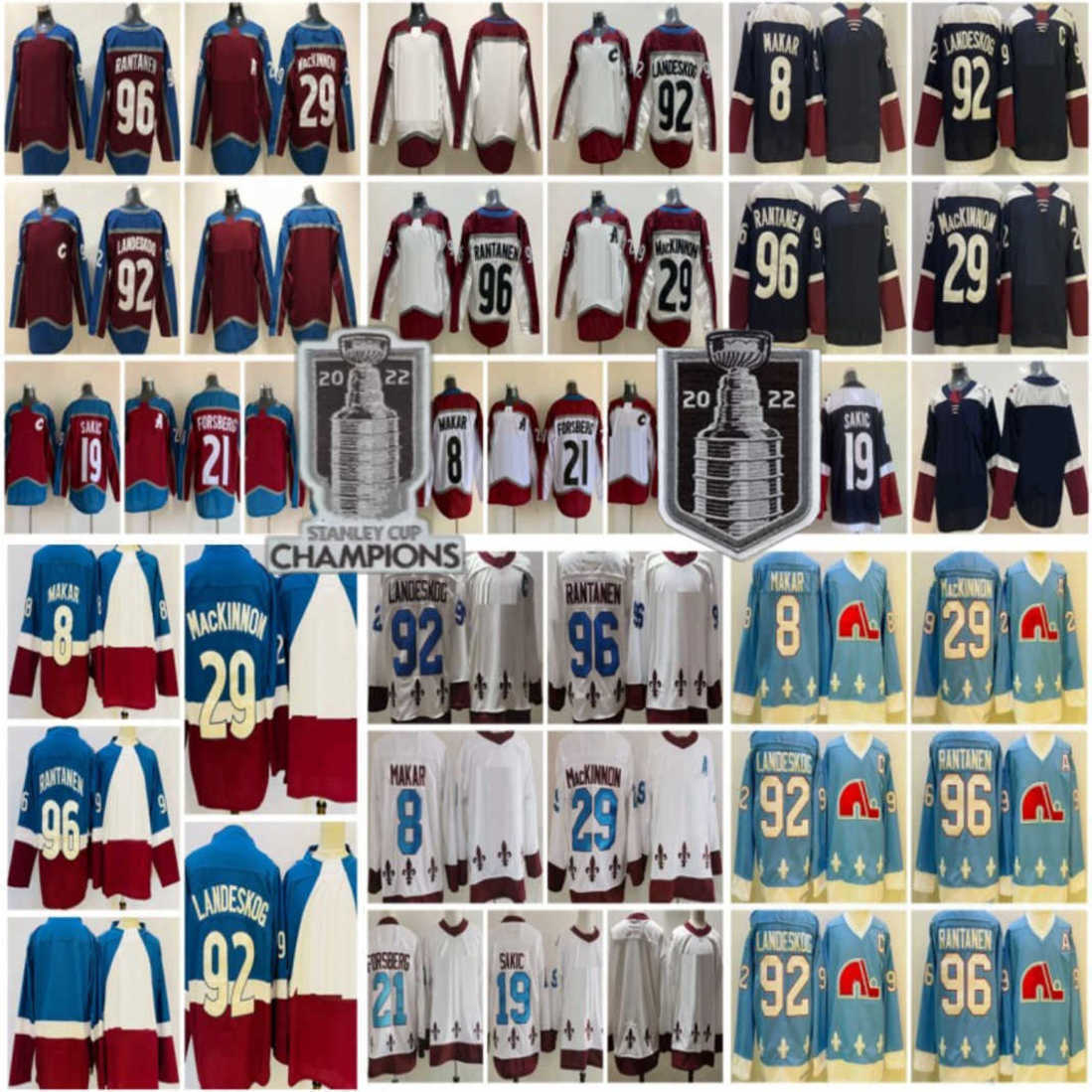 

Men Stanley Cup Final Hockey 8 Cale Makar Jersey 29 Nathan MacKinnon 92 Gabriel Landeskog Mikko Rantanen Joe Sakic Peter Forsberg Blue White Reverse Retro Champions
