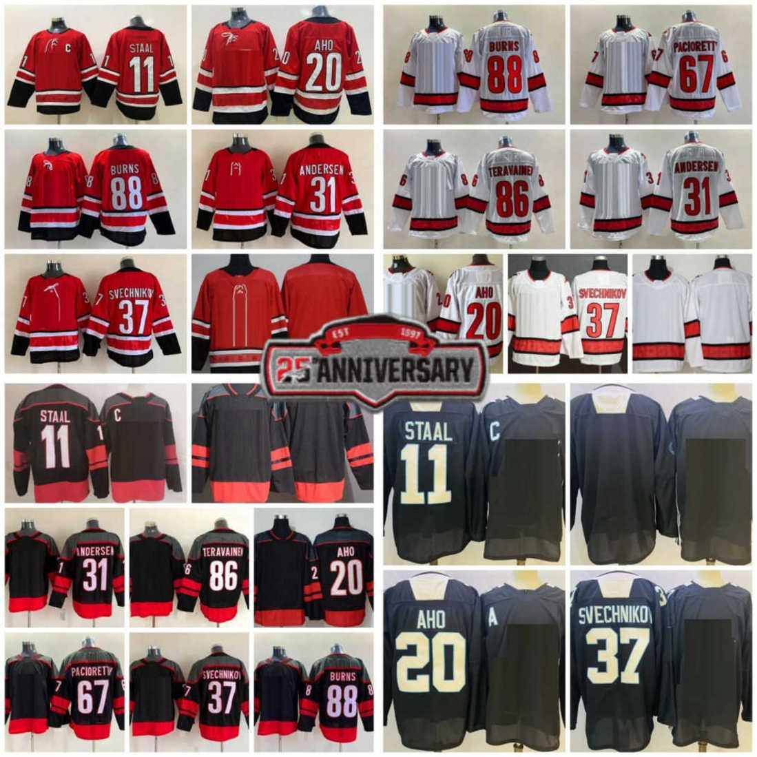 

Mens 37 Andrei Svechnikov Hockey Jerseys 20 Sebastian Aho 11 J Staal 86 Teuvo Teravainen 31 Frederik Andersen 88 Brent Burns 67 Max Pacioretty Black Red Stitched Shirt, Men