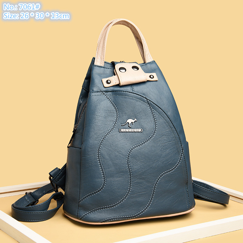 

Wholesale factory ladies shoulder bag 4 colors simple folding leisure backpack elegant atmosphere sewing women handbag vertical contrast leather handbags, Blue-7061#