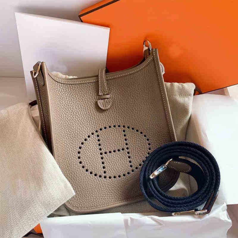 

Quality Top Herme Designer Handbag 2022 New h Family Evelyn Bag Mini Messenger Togo Leather Fashion Versatile Bucket Women Tote Bag, Elephant grey 17cm silk scarf + pony + g