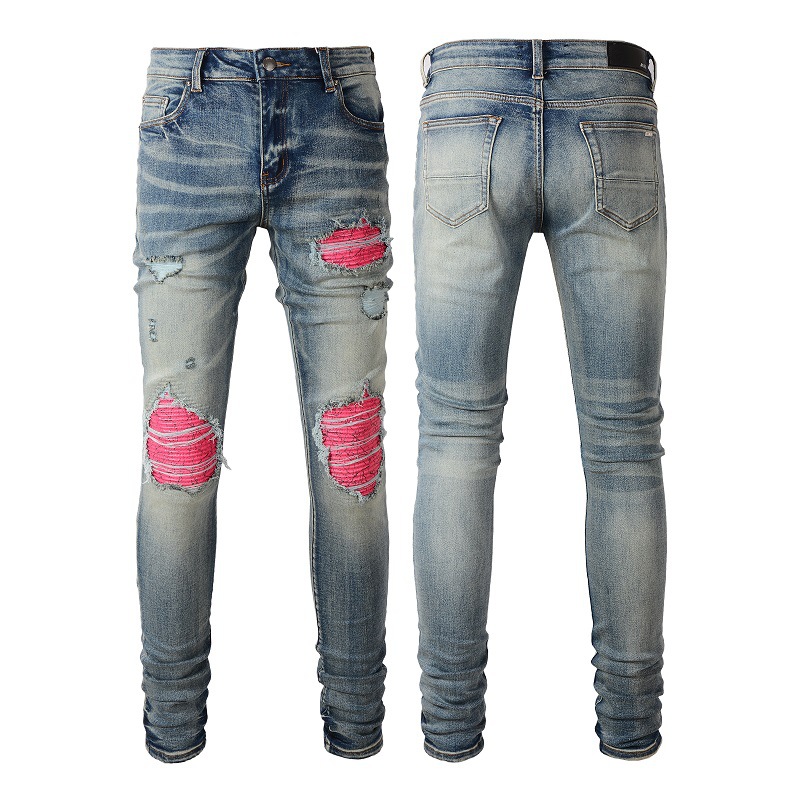 

Patches Detail Biker Fit Denim Jeans Men Slim Motorcycle For Mens Vintage Distressed 4J2TZ, Amr-8806
