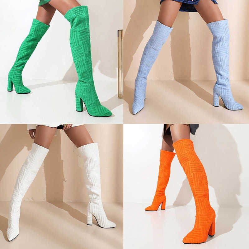 

Over Knee Boots Women 2022 New Thick Heel Towel Boot Knee High Boots, Green