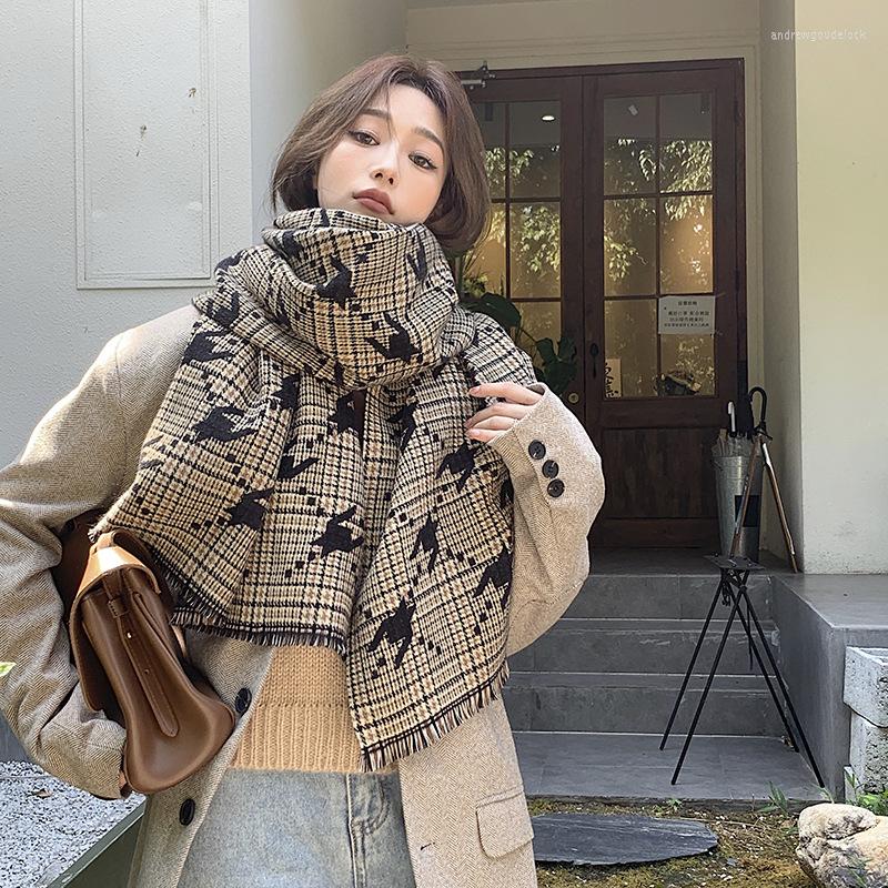 

Scarves 2022 Korean Autumn Winter Cashmere Like Women's Scarf Classic Qianniao Lattice Knitted Long Warm With Thickened Shawl