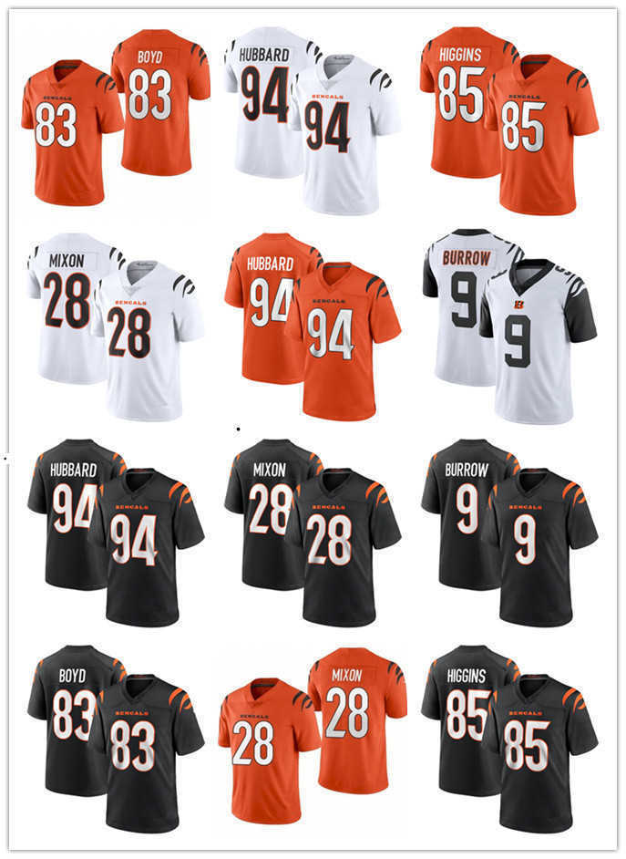

2022 Football Jerseys Men Women Youth Cincinnati''Bengals''Jersey 9 Joe Burrow 28 Joe Mixon 83 Tyler Boyd 85 Tee Higgins 94 Sam Hubbard, Color