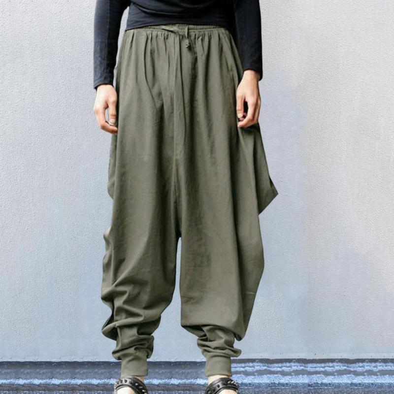 

Men's Pants Simple Harem Male Cosplay Solid Color Elastic Waist Ankle Tied Loose, Khaki