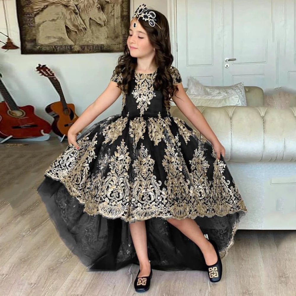 Or Haut Bas Manches Longues Robes De Fille De Fleur Pour Mariage Dentelle Applique Volants Filles Pageant Robes Balayage Train Enfants Robes De F