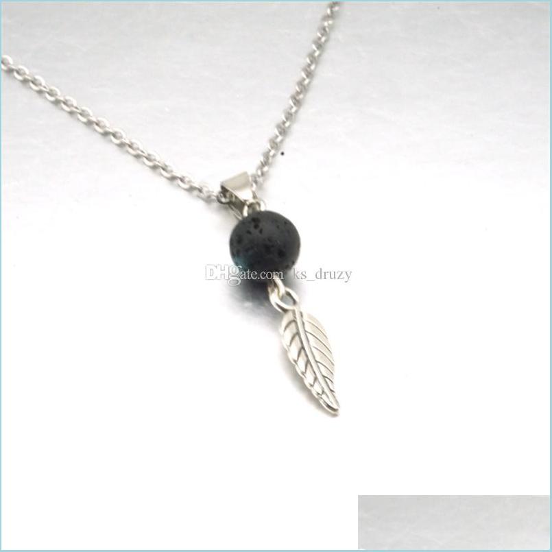 

Pendant Necklaces Aromatherapy Essential Oil Diffuser Necklace Black Lava Rock Stone Bead Volcano Leaf Charms Stainless Steel Chain Dhvul