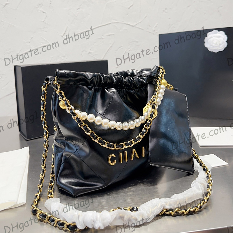 

Womens 22 Black White Mini Shopping Bags With Pearl Chain Handle Tote Gold Metal Hardware Matelasse Chain Crossbody Shoulder Pocket Lucky Coin Charm Handbag 24X23CM, Box