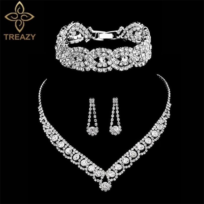 

Wedding Jewelry Sets TREAZY Silver Color Crystal Bridal for Women Necklace Earrings Bracelet Set Accessories 221109