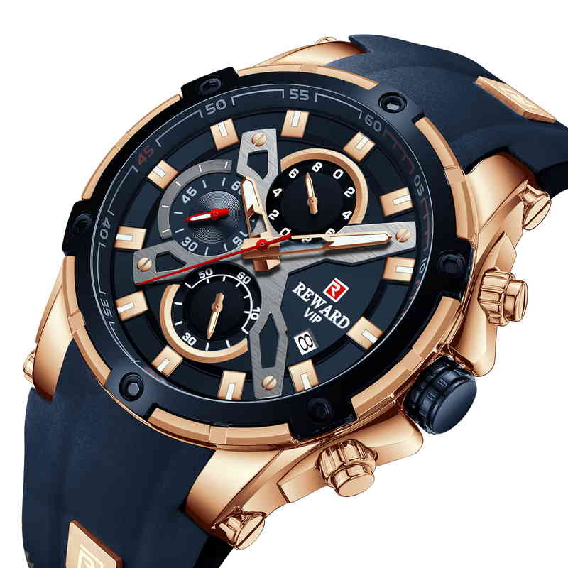 

REWARD Men's Sports Watch Multi function chronograph Silicone luminous waterproof calendar Quartz wristwatch, Rose shell blue ribbon