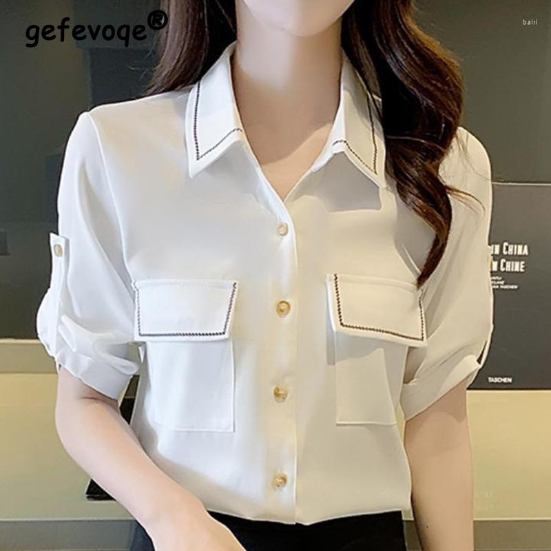 

Women's Blouses Elegant Fashion Solid Color Pockets Button Shirt Spring Summer 2022 Work Wear Polo-Neck Short Sleeve Loose Tops Women's, White