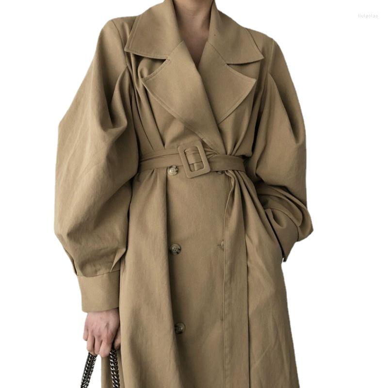 

Women' Trench Coats British Retro Fashion Khaki Long Women Fall Double Breast Puff Sleeve Jacket Elegant Windbreaker Belt Waisted, Black