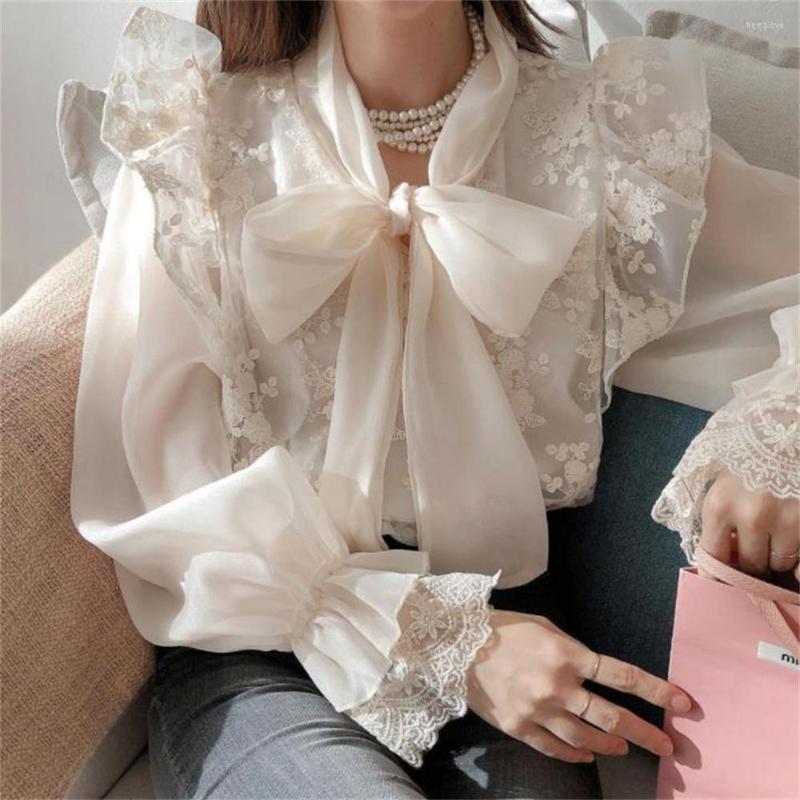 

Women's Blouses Lace Mesh Stitching Trumpet Sleeve Chiffon Shirt Female Top Camisas Femininas Elegantes Chemises Femme, White