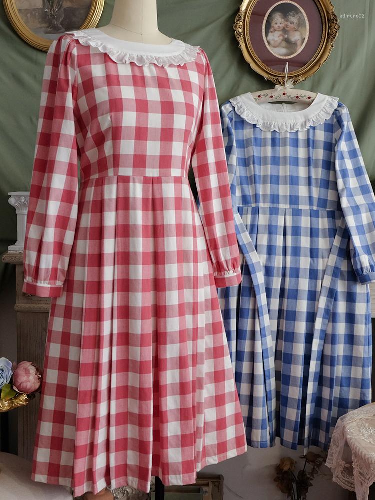 

Casual Dresses Customized Spring Autumn Women Loose Plus Size Embroidery 1990s Vintage Style Plaid Cotton, Blue