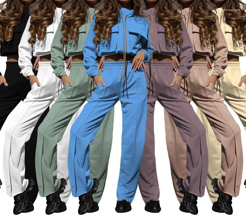 

Women' Two Piece Pants Autumn And Winter Solid Color Zipper Double Bag Drawstring Long Sleeve Top Fashion Casual Trousers Suit Women Female, Black