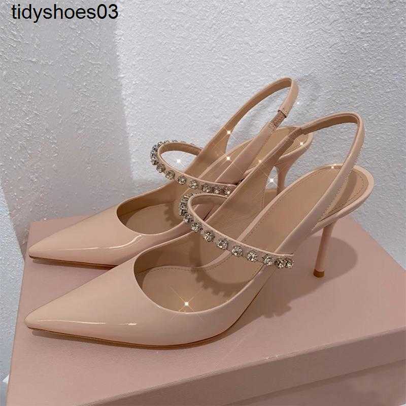 

2022 new Women Designers Rois summer temperament nude Miu single shoes Stiletto Heel Slingbacks Crystal-Studded Pumps, Black 7 cm
