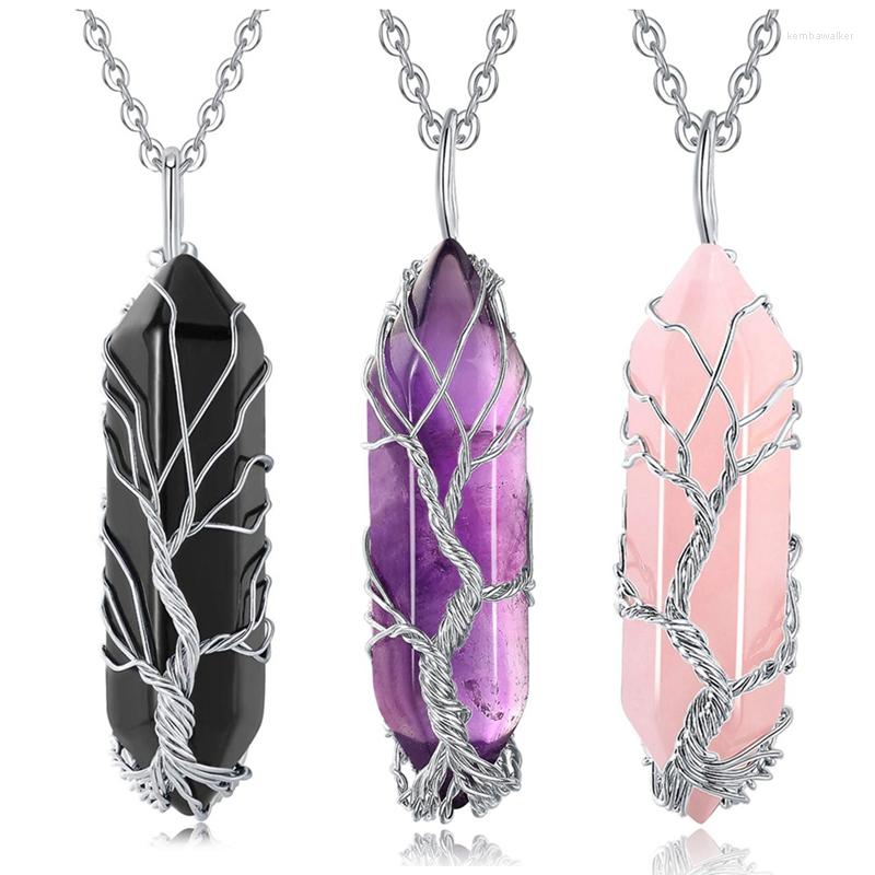 

Pendant Necklaces 3Pcs Tree Wire Wrapped Crystal Point Necklace Reiki Healing Stone Natural Hexagonal