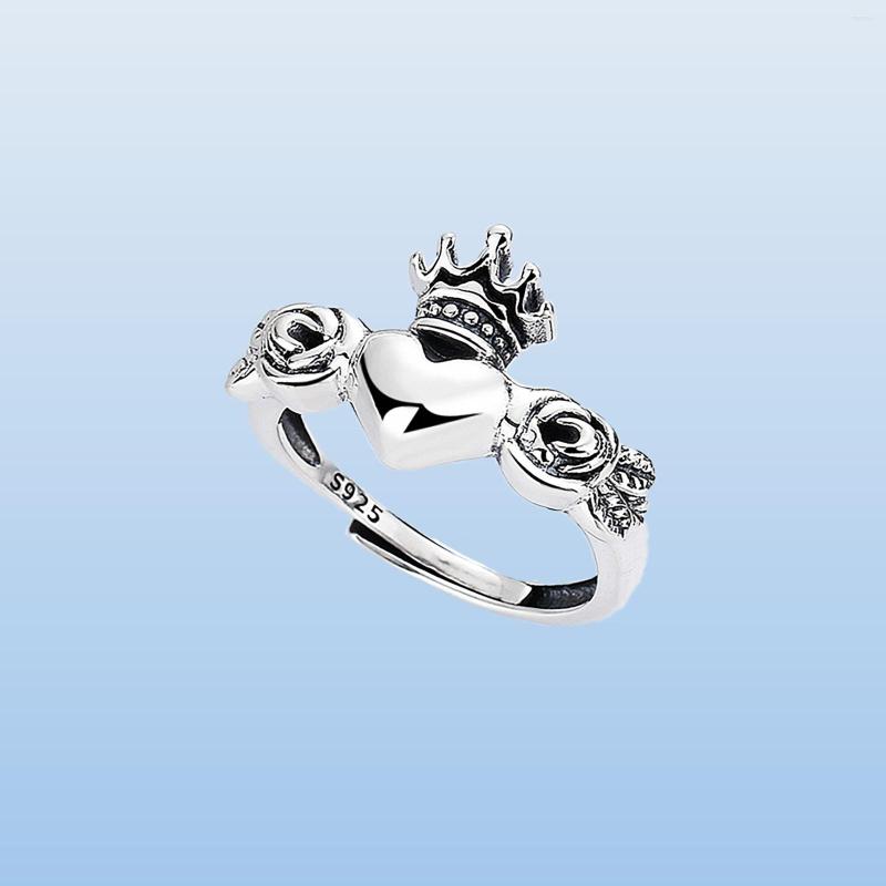 

Cluster Rings Heart And Crown Vintage Rose Sterling Silver 925 Ring Resizable For Women Girls Irish Claddagh