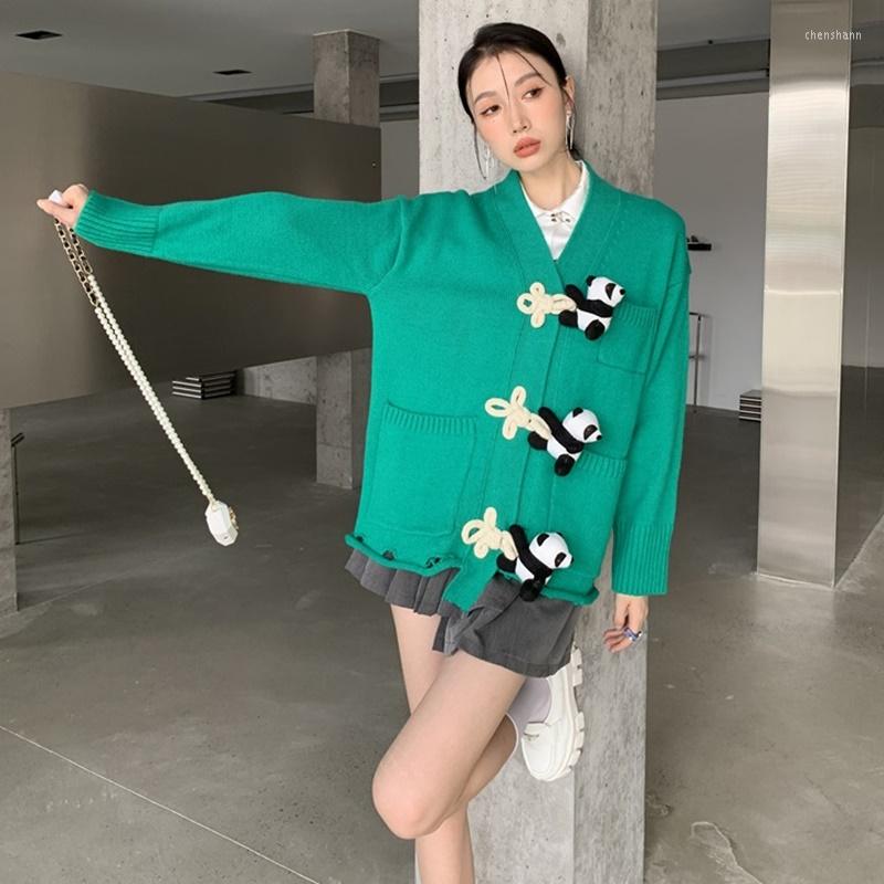 

Women' Knits Autumn Winter Solid Chic Panda Buttons Knitted Cardigan Sweater Korean V-Neck Streetwear Oversized Woman 2022 5959