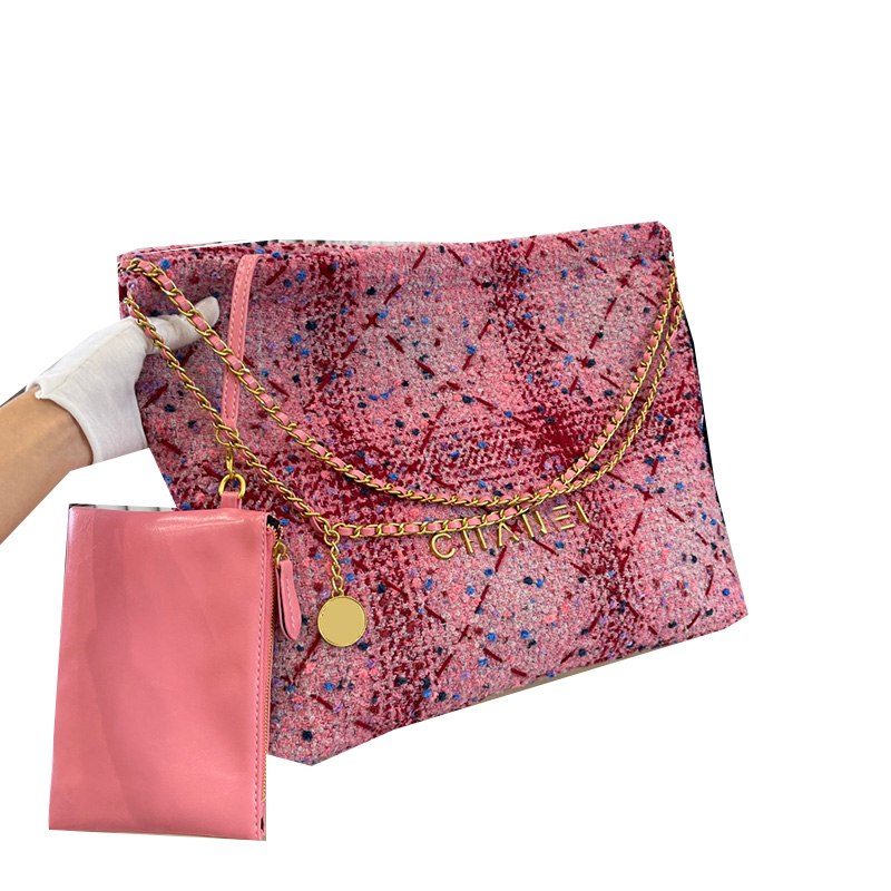 

Womens Vintage Wool Tweed 22 Shopping Bags Gold Metal Chain Shoulder Handbags With Coin Badge Little Pouch Wallet Purse Large Capacity Outdoor Sacoche 35X32CM, Box